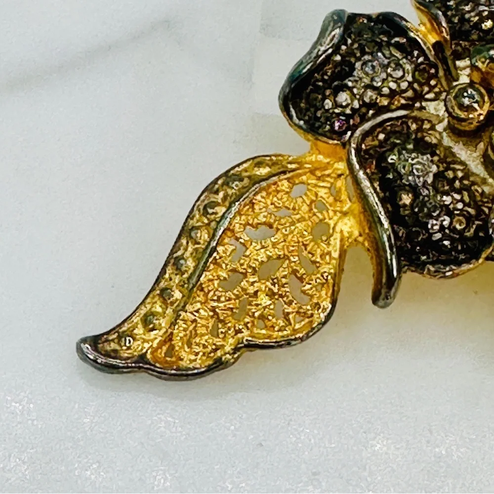 Flower Brooch Pin Gold Tone and Gunmetal Burnished Finish Ribbon Bow Romantic